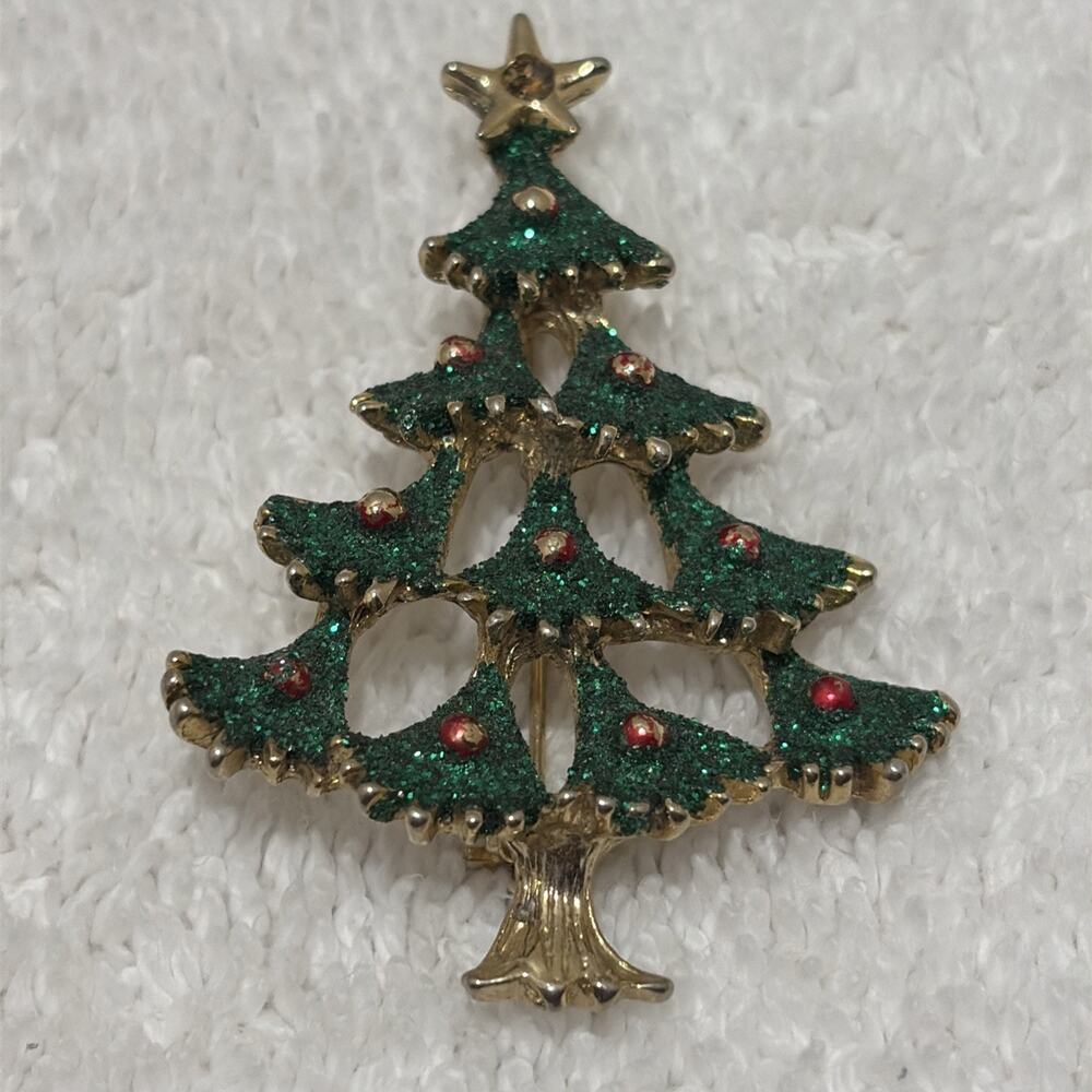 Vintage Christmas Tree Brooch Green Enamel With Metal Ball Ornaments